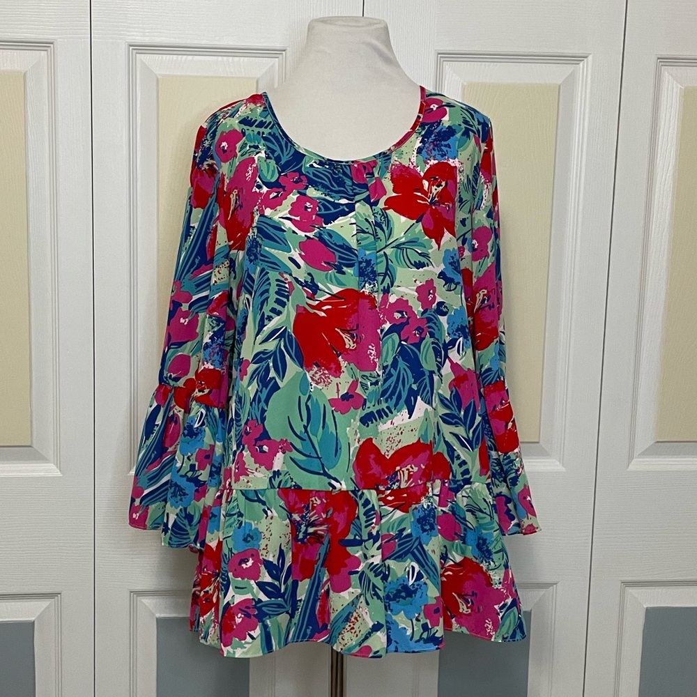 Pappagallo Womens Tropical Floral Print‎ Peplum Hem Bell Sleeve Blouse Size L
